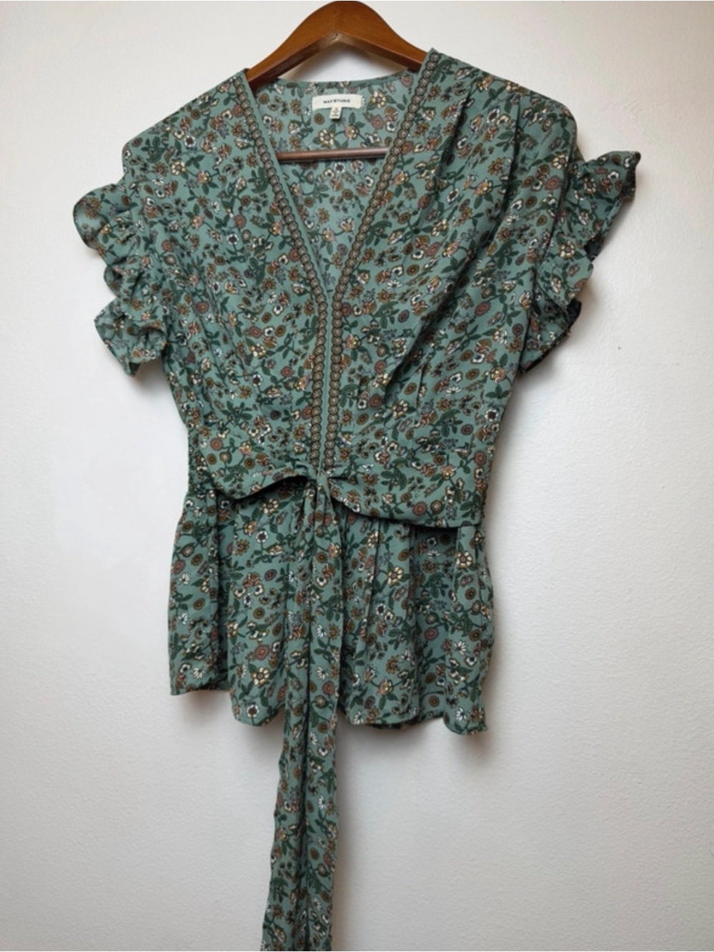 Max Studio Sage Green Floral Tie-Front Peplum Blouse - Picture 3 of 6